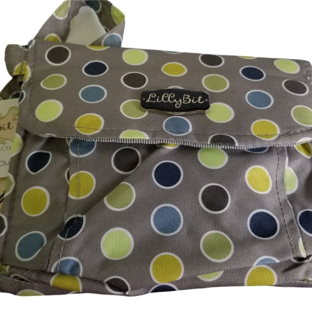 Lilly Bit Diaper Bag Baby Messenger Bag Crossbody Purse Pack Gray Green Dot NWT